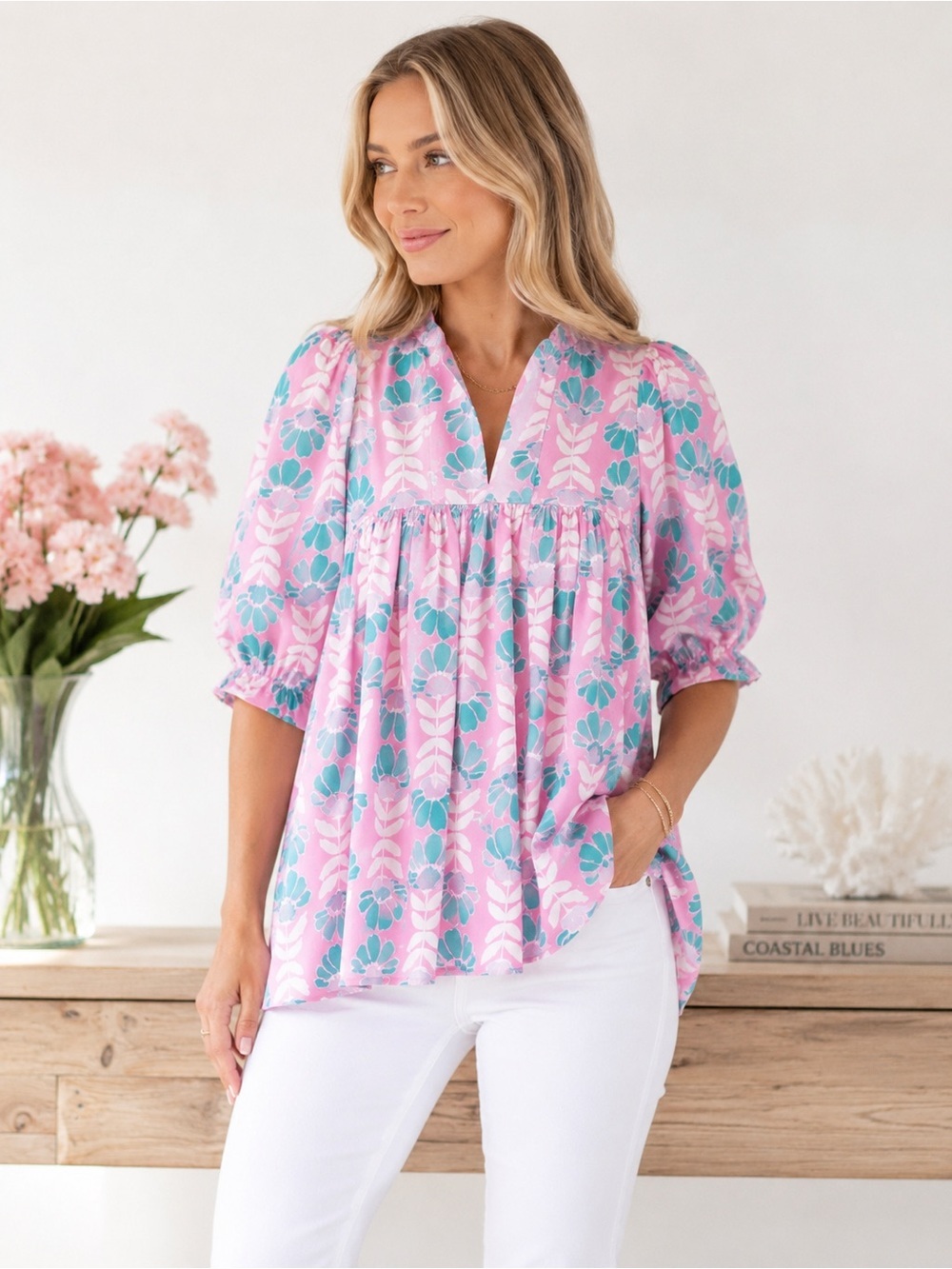 NEW Marie Sz M Pink Retro Floral Puff Sleeve Tunic Blouse Boho Cottagecore